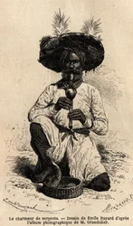 En fakir, slangetæmmer. Gravering til illustration af rejsen i Indiens meridionalprovinser, af Alfred Grandidier, i 1862-1864, udgivet i "" le tour du monde"", under ledelse af D