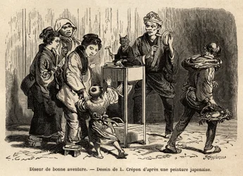 En spåkone i gaderne i Edo (nu Tokyo). Gravering til illustration af rejsen til Japan af Aime Humbert, minister for Det Schweiziske Forbund, i 1863-1864, udgivet i "" le tour du monde"", under ledelse af Edouard Charton, Hachette, Pari