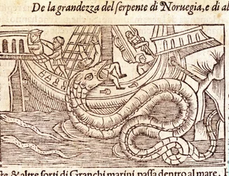 En kæmpe marineslange angriber et skib og slår dets besætning. Gravering af Olaus Magnus (1490 - 1557), svensk religiøs og geograf, "Historia de Gentis Septentrionalibus", Venedig