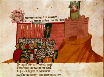 En gruppe francriddere ankommer til et miniatureslot fra "Entree of Spain"". Venedig fra det 14. århundrede, Biblioteca Marciana.