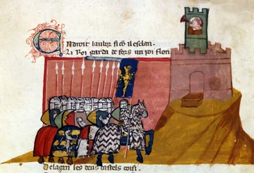 En gruppe ærlige riddere ankommer til et slot. Miniature fra "" Entree of Spain"". Venedig fra det 14. århundrede, Biblioteca Marciana.
