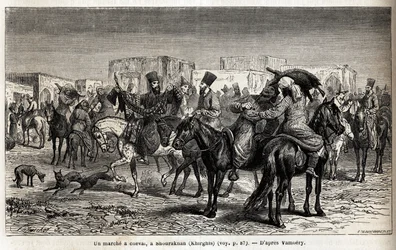 En hestetur i Shurakhan (Kirgisistan eller Kirgisistan). Tegning af Emile Bayard (1837-1891), for at illustrere rejsen til Centralasien, i 1863, af Arminius Vambery (ungarsk videnskabsmand forklædt i dervish). Indgravering i "" Le tour du monde"", redigere