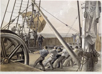 En enorm pletbøje blev trukket den 2. august 1858 - i "The Atlantic telegraph" af W. H. Russel, ca. 1860