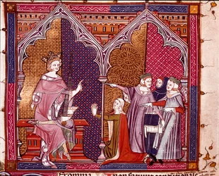 En konge, der administrerer retfærdighed Miniature taget fra "Justiniani in Fortiatum"" 1300-tallets kongelige bibliotek i Escorial Monastery, Spanien