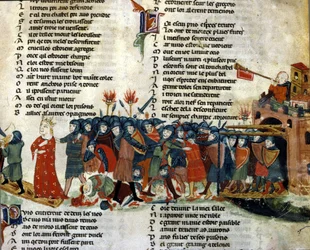En konge bliver taget til fange og ført bort af fjendens hær, mens slagets ofre ligger på jorden. Miniature fra «Roman de Troie» af Benoît de Sainte-Maure. 14. århundrede, Biblioteca Marciana, Venedig.