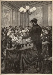 En tryllekunstner bruger en muskatnødæske til at få en kugle til at dukke op og forsvinde. Indgravering fra 1885 i "" Les arts et metiers illustres"" af Adolphe BITARD.