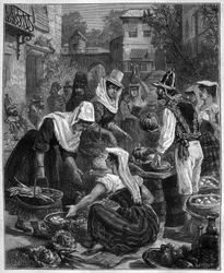 En markedsdag på Tenerife (Tenerife) på De Kanariske Øer i Atlanterhavet - En dag med gåture på Tenerife (Tenerife) på De Kanariske Øer i Atlanterhavet - gravering af 1888