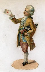 En budbringer (1700-tallet) med et forseglet brev. Kromolitografi omkring 1890.