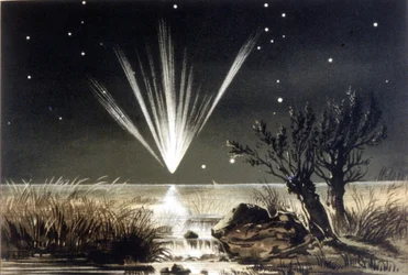 En meteorit falder i havet. Farvelitografi fra slutningen af 1800-tallet
