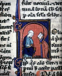 Et miniaturebogstav "R", der repræsenterer en klog mand, taget fra et manuskript af Aristoteles