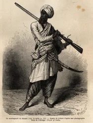 En bjergbestiger fra Hazara (Punjab, Indien). Gravering til illustration af rejsen til Pandjab og Kashmir, historie af Guillaume Lejean, i 1866, offentliggjort i "Le tour du monde, nouveau journal des voyages", under ledelse af Edouard Charton