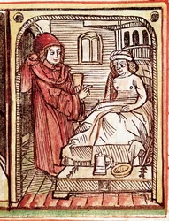 En læge giver sin patient en behandling fremstillet af lægeplanter. Stik fra »Tractatus de pestilentia«, det 15. århundrede - Prag, Nationalbiblioteket