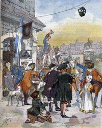 En rekrutteringsscene i det 18. århundrede, en illustration af slutningen af det 19. århundrede.