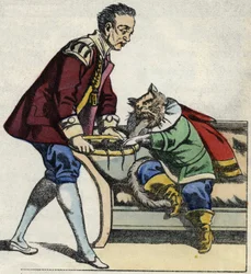 En tjener serverer kattestøvlerne en musebakke. Illustration af fortællingen "The cat botte" af Charles Perrault