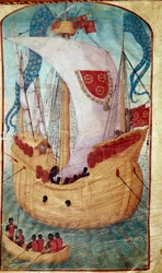 Et skib med sejldekoreret våbenskjold af Louis Malet (1441-1516), seigneur af Granville Miniature fra Olivier de la Marche (1425-1502) 1483 Chantilly, Musee Conde