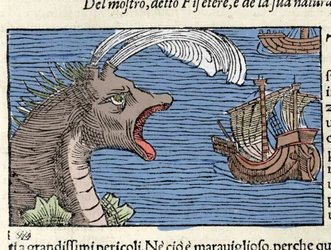 En kaskelothval (?) (physeter) angriber et skib. Gravering af Olaus Magnus (1490 - 1557), svensk religiøs og geograf, "Nordens Nations Historie", Venedig