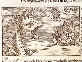 En kaskelothval (?) (physeter) angriber et skib. Gravering af Olaus Magnus (1490 - 1557), svensk religiøs og geograf, "Historia de Gentis Septentrionalibus", Venedig