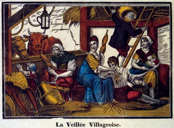 En landsbys natteliv: en familie af bønder i en lade. Indgravering af det 19. århundrede. Paris, B.N.