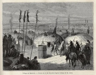 En landsby med mandans-indianere (eller noumah ka kie: fasaner) på venstre bred af Missouri, 600 ligaer fra byen Saint Louis. Gravering til illustration af en udflugt blandt indianerstammerne i bassinerne i Colombia og Upper Missouri, af G. Catlin, i 1.