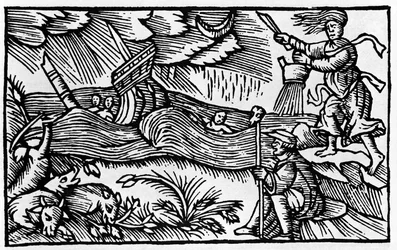 En heks forårsager en storm efter "Historia de gentis nortentrionalibu" af Olaus Magnus, Rom 1555