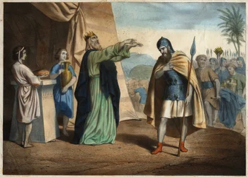 Abraham, der sejrede de fire klipper, modtog Melchisedeks (Melchisedec eller Melchizedek eller Melkisedeq eller Melki-Tsedeq eller Melki Tsedeq), konge af Salem, velsignelse. Anonym stik fra midten af 1800-tallet.