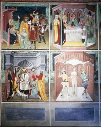 Tilbedelse af vismændene, omskæring, hån, pisk, Kristi liv (1400-tallet), kalkmalerier, St. Sebastians kapel, Villard-de-Lans, Rhone-Alpes, Frankrig.