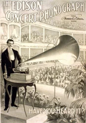 Annoncering for edison grammofonen "" Edison koncertfonografen, har du hørt den? "" - litografi 1899