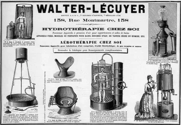 Annoncering fra 1889 for mobilarmaturer til bade, vandbrusere, tør eller våd damp, bidet, mærke Walter-Lecuyer (Walter Lecuyer).