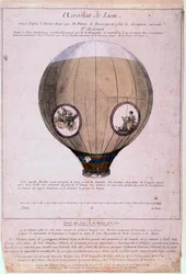 Aerostat de Lyon bygget efter en model af Montgolfiere-brødrene (Joseph og Etienne), omkring 1783. Indgravering af det 19. århundrede. Paris, B.N.