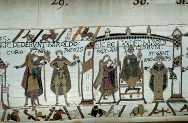 Efter Edward Confesors død blev Harold kronkonge under navnet Harold II i 1066 Detalje af Bayeux-tapetet eller broderi af Dronning Mathilde