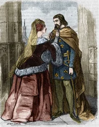 Agnes Sorel (1422-1450) (Dame af Beaute sur Marne) (Beaute-sur-Marne) og konge af Frankrig Charles VII i klosteret Jumieges. Indgravering af det 19. århundrede.