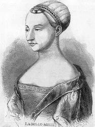 Agnes Sorel (1422-1450) (Lady of Beaute sur Marne) (Beaute-sur-Marne), kendt som "La Belle Agnes", favorit af Charles VII. Indgravering af det 19. århundrede.