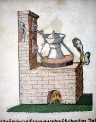 Alkymi: apparat til destillation, taget fra en bog af Pietro Andrea Mattioli (Matthiole) (1500-1577). Frankfurt
