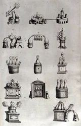 Alkymi: tavle, der repræsenterer forskellige modeller af destillationsapparater og destillationsapparater. Athanase Kircher (eller Athanasius Kircheri 1602-1680), tysk jesuite. 1600-tals stik.