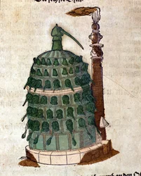 Alchemy: Athanor-ovnen, gravering fra en bog af Pietro Andrea Mattioli (Matthiole) (1500-1577). Frankfurt