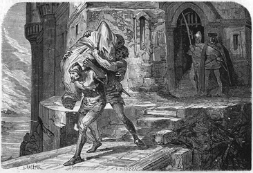 Alexander, konge og basard af Bourbon, blev syet ind i en pose og støbt ind i Daggryet for at erstatte den med delfinen, den fremtidige Ludvig XI. Indgravering af det 19. århundrede.