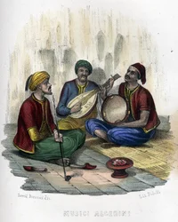 algeriske musikere. i "Ancient and Modern Algeria"" af Léon Galibert. Italiensk udgave i 1846 farve.