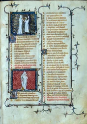 Allegorisk fremstilling af kærlighed, der spiller Malebouches fælder, under karakteren af Abstinence Miniature i "" Roman de la rose"" af Jean de Meun, Jean de Meung eller Jean Chopinel, Jean Clopinel (v.1240-1305), omkring 1370. Paris, Bibliotheque Sainte