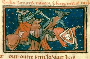 Allegori om middelalderens samfund: "Ræv sårer Isengrin i enestående kamp"". Miniature fra manuskriptet "The Roman De Renart Le Nouvel" af Jacquemart Gielee