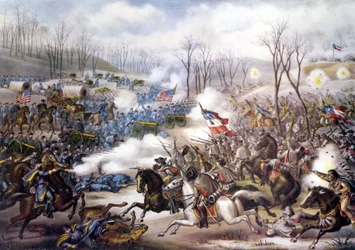 Amerikansk borgerkrig (1861 - 1865): Slaget ved Pea Ridge eller Elkhorn Tavern (Arkansas) 6. - 8. marts 1862. Indgravering af det 19. århundrede.