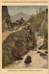Et uheld med en tank på en bænk i Savoie, køretøjet vælter, og passagererne udfældes i Arly. Indgravering i "" Le petit journal"" 2/08/1896. Selvas samling.