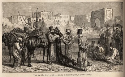 En af khanens regnskabsførere modtager fjendernes hoveder og gidslerne, kvinder og børn bundet til hestenes haler. Tegning af Émile Bayard (1837-1891) til illustration af Arminius Vámbérys (ungarsk videnskabsmand) rejse til Centralasien i 1863