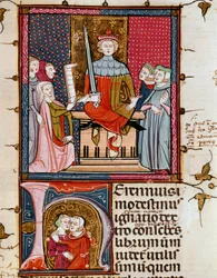 En utro kvinde, der optræder for en miniaturedommer fra "Justiniani in Fortiatum"" Fol. 39 14. århundredes kongelige bibliotek i Escorial-klosteret (Escorial), Spanien