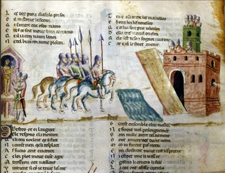 En hær nærmer sig en borg. Miniature fra «Roman de Troie» af Benoît de Sainte-Maure. 14. århundrede, Biblioteca Marciana, Venedig.