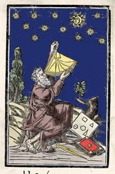 En astronom laver beregninger ved hjælp af en sekstant under en formørkelse. Indgravering af det 16. århundrede.