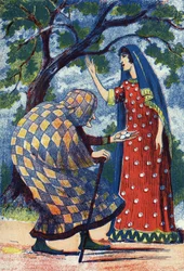 En gammel dame giver fire æg til Florine. Anonym illustration til fortællingen "L