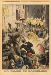 Anarkistisk angreb i Barcelona, bombeeksplosion i procession, der forlader kirken Santa Maria, street nuevos cambios. Indgravering i "" Le petit journal"" 21/06/1896. Selvas samling.