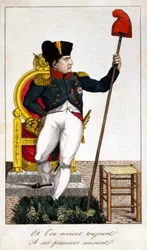Og vi vender altid tilbage til hans første kærlighed, en karikatur om Napoleon I, der overtog magten i 1815 (Episode of Hundred Days).