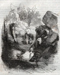 Angelique (Angelica) flygter fra den gamle eremit - indgravering af 1851 fra "" Furious Roland"" (Orlando furioso) (1500-tallet) af Ludovico Ariosto, kendt som Ariosta - Udgave oversat fra italiensk af greven af Tressan og udgivet af Gustave Harvard 1