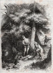 Angelique (Angelica) redde Medor (Medoro) wesse - gravering af 1851 fra "" Furious Roland"" (Orlando furioso) (1500-tallet) af Ludovico Ariosto, kendt som Ariosta - Udgave oversat fra italiensk af greven af Tressan og udgivet af Gustave Harv